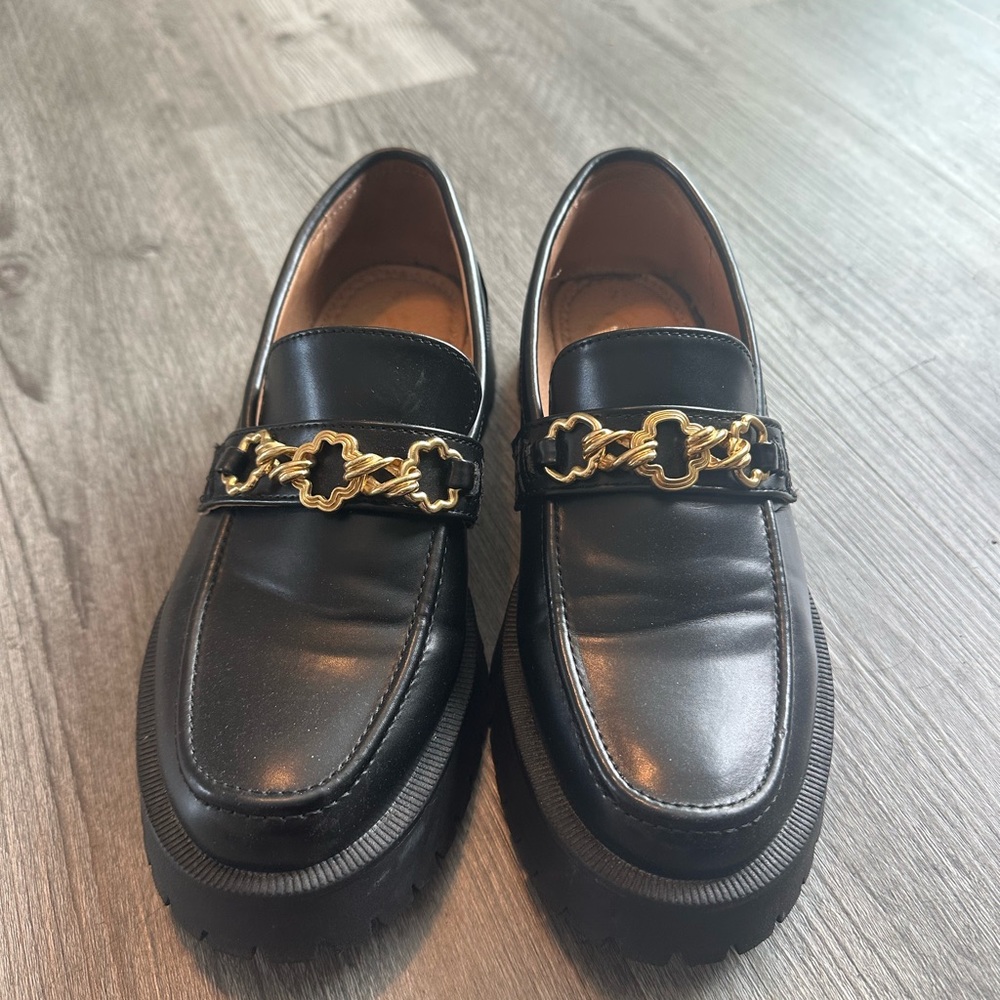 Sam & Libby Black Loafers with Gold Chain Detail